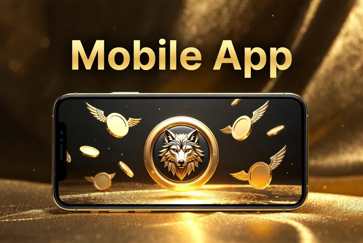 Wolf Winner app download on an Android phone showing the pokies lobby